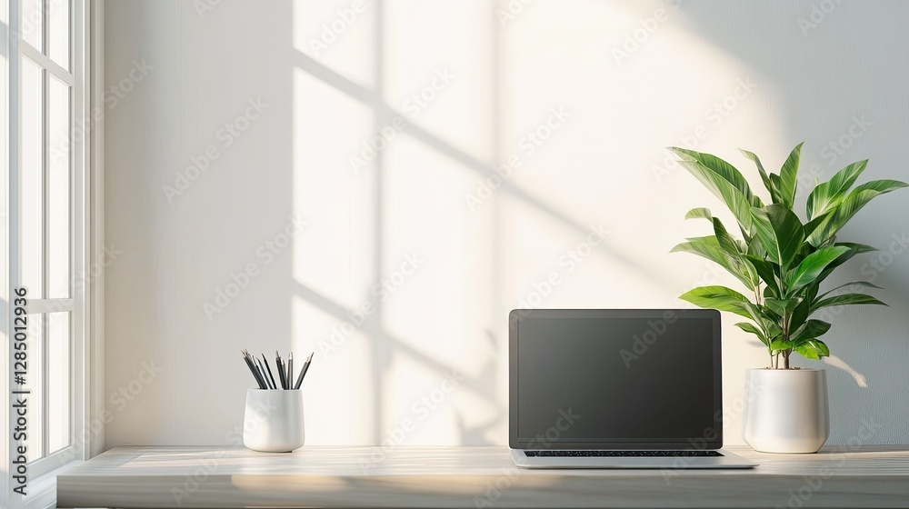 Simple creative minimalistic workspace, featuring plant and laptop. Simple creative minimalistic workspace, featuring plant and laptop.