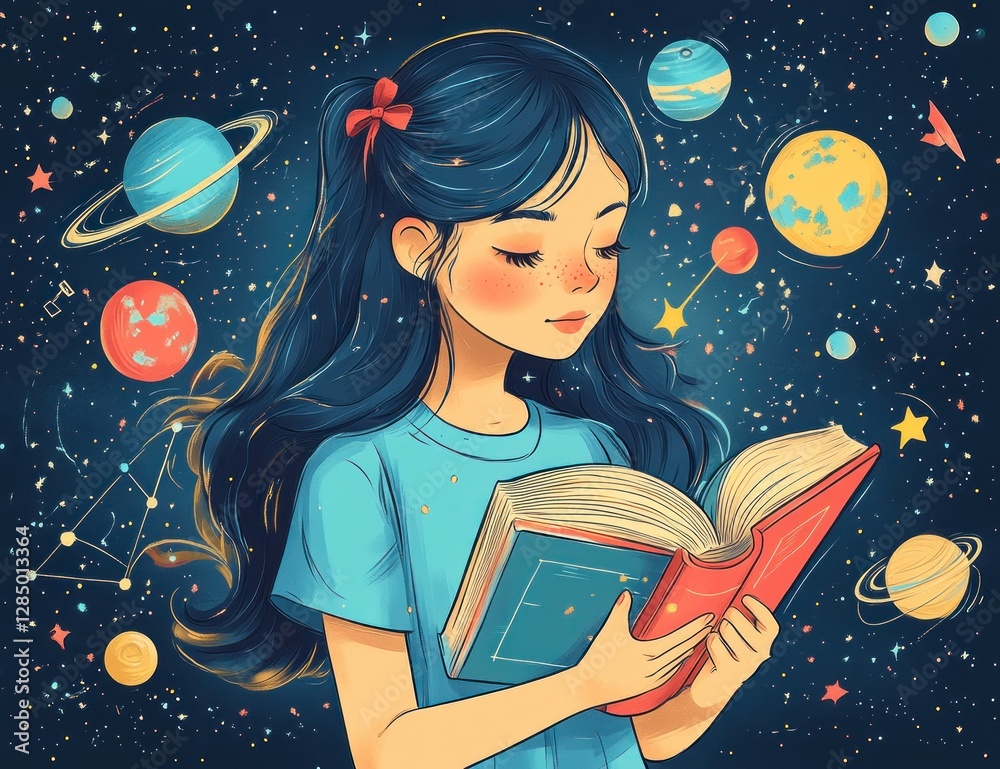 Girl Studying with Books and Science Icons Teaching Education Learning Process Study Knowledge Science Space Girl Studying with Books and Science Icons Teaching Education Learning Process Study Knowledge Science Space