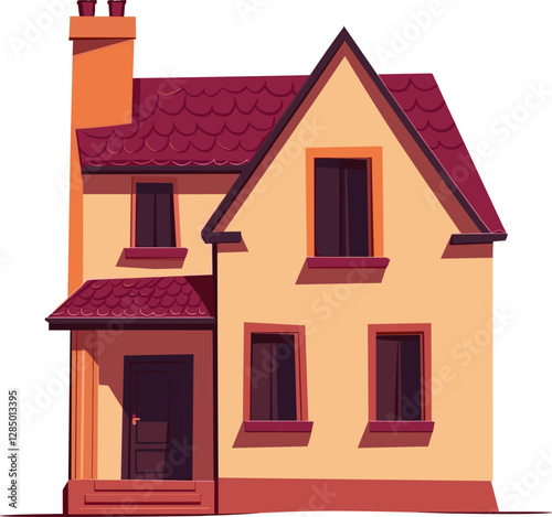 Stylish house with maroon roof and warm yellow walls cartoon isolated on transparent background. Vector illustration.