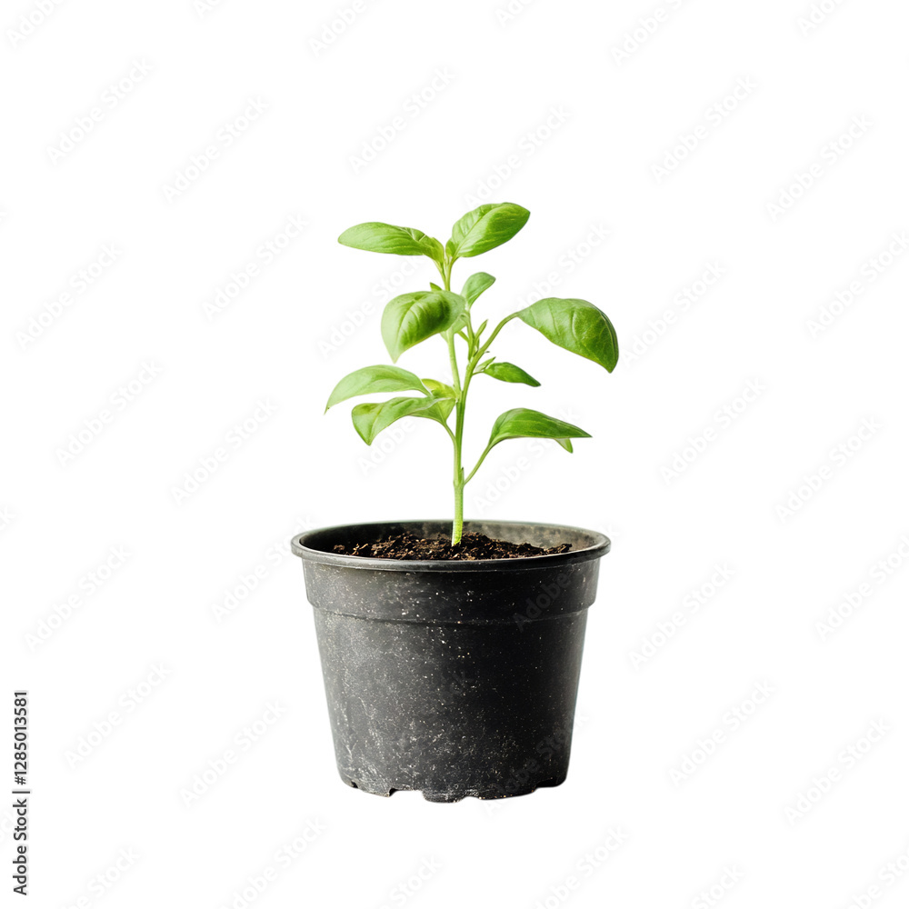 A Small Potted Plant with Fresh Aromatic Basil Leaves Isolated on Transparent Background A Small Potted Plant with Fresh Aromatic Basil Leaves Isolated on Transparent Background