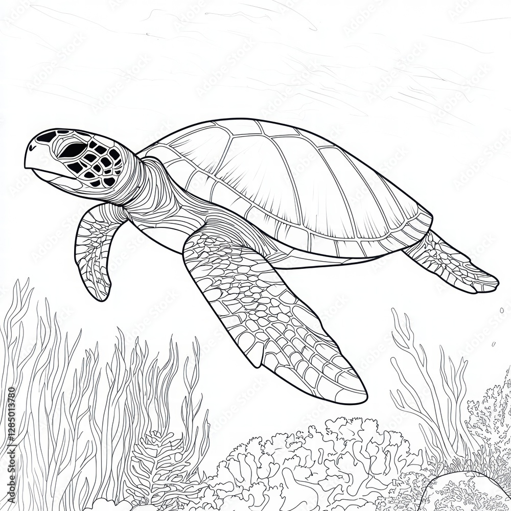 Fototapeta premium Detailed Line Art of a Sea Turtle Swimming in Ocean Surroundings