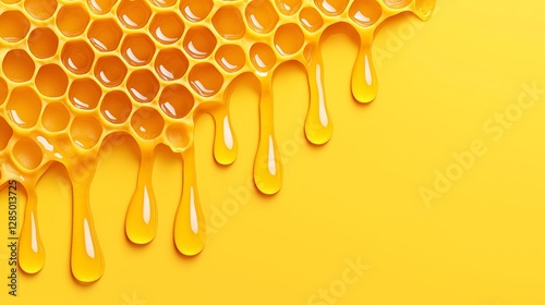 A vibrant close-up of honey dripping from honeycomb against a bright yellow background. The sticky texture and golden hue highlight the natural sweetness of this delicious product.