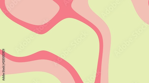 Abstract composition of layered fluid shapes and organic lines in various shades of pink.