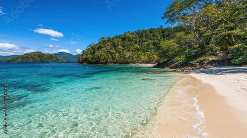 Serene Tropical Beach with Clear Water and Lush Greenery Under Bright Blue Sky photo