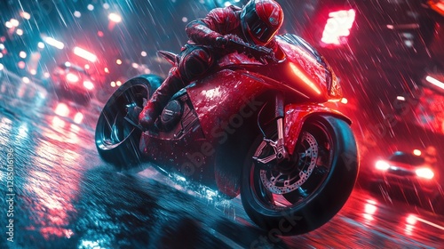 Cyberpunk Girl Riding Electric Motorcycle in Neon Lit Rainy Megapolis at High Speed with Katanas