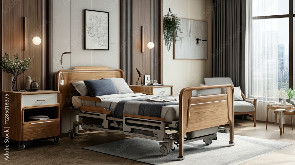 Fototapeta premium Stylish and accessible bedroom with a soft, comfortable bed, designed for elderly mobility.