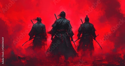 Sinister Samurai Warriors Charge into Battle Led by Demonic Horseman with Katana Under Bloody Sunlight