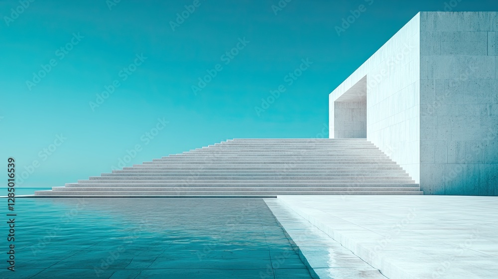 A contemporary building with long stairs against a clear teal sky A contemporary building with long stairs against a clear teal sky