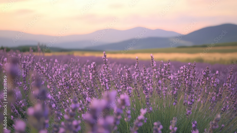 Fototapeta premium Purple Lavender Field at Sunset with Mountain Background