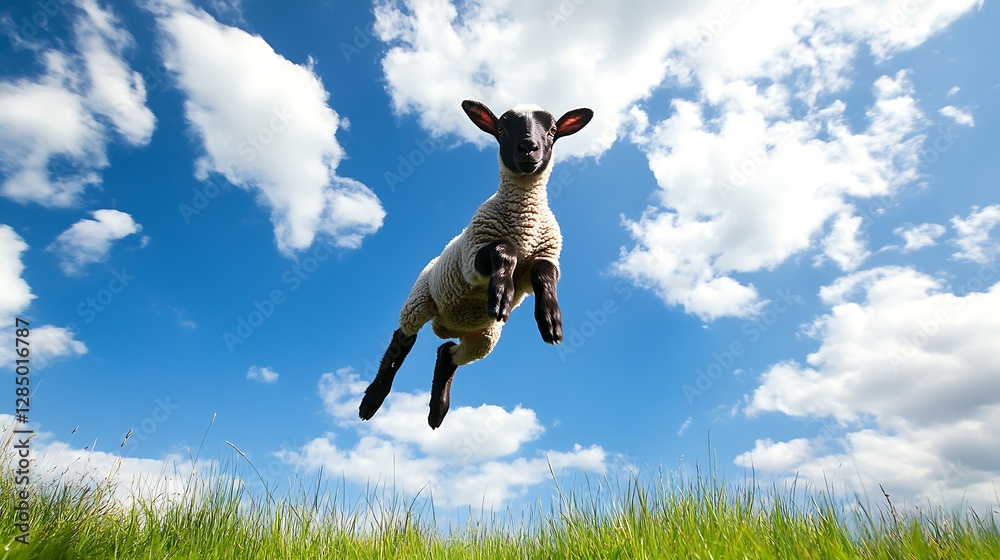 A playful lamb leaping joyfully against a backdrop of vivid blue sky and fluffy white clouds, surrounded by lush green grass in a sunny countryside setting A playful lamb leaping joyfully against a backdrop of vivid blue sky and fluffy white clouds, surrounded by lush green grass in a sunny countryside setting