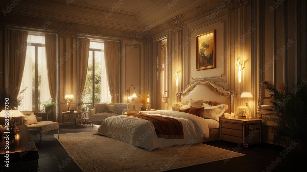 Well-lit bedroom with a soft, accessible bed, surrounded by elegant and modern decor. Well-lit bedroom with a soft, accessible bed, surrounded by elegant and modern decor.