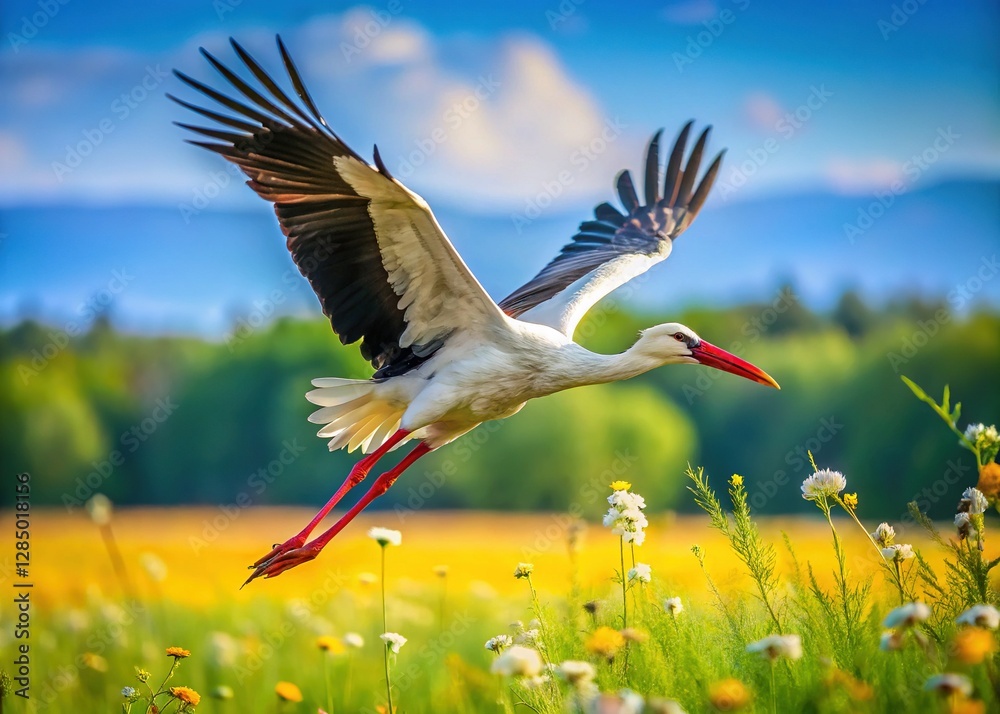 Naklejka premium Majestic White Stork Soaring Over Lush Green Meadow - Wildlife Photography