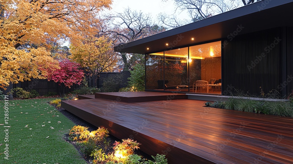 Fototapeta premium Modern home autumn deck backyard landscaping