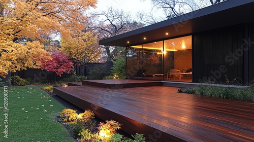 Modern home autumn deck backyard landscaping