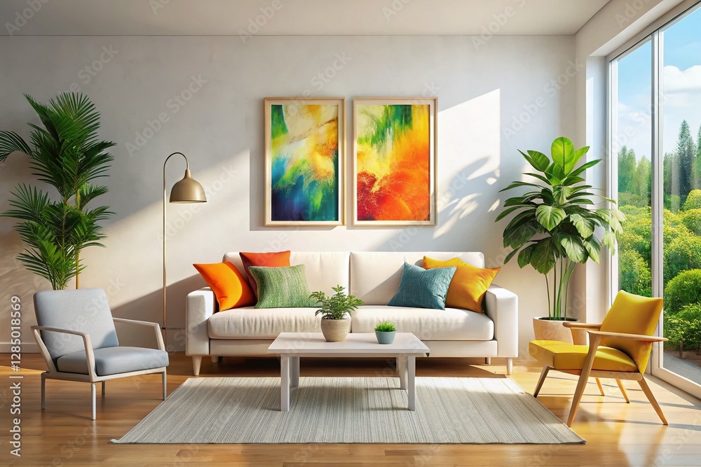 Fototapeta premium Modern White Living Room Mockup with Empty Art Frame, Bright Airy Interior Design, Contemporary Wall Decor
