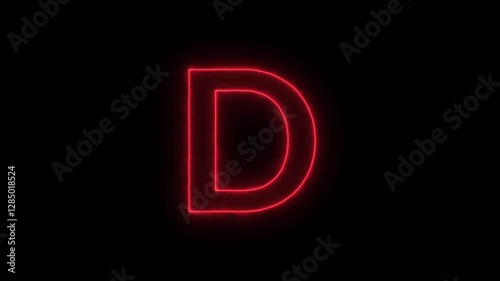 Animated neon letter D, trendy glowing loop neon alphabet letter D, Bright neon glowing light red letter D, Seamless looping animation on black background.
