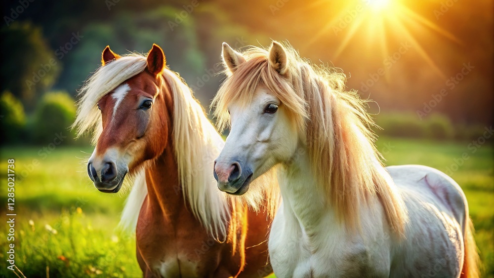 Fototapeta premium Two Ponies Gazing Sideways: White and Brown Horse Stock Photo