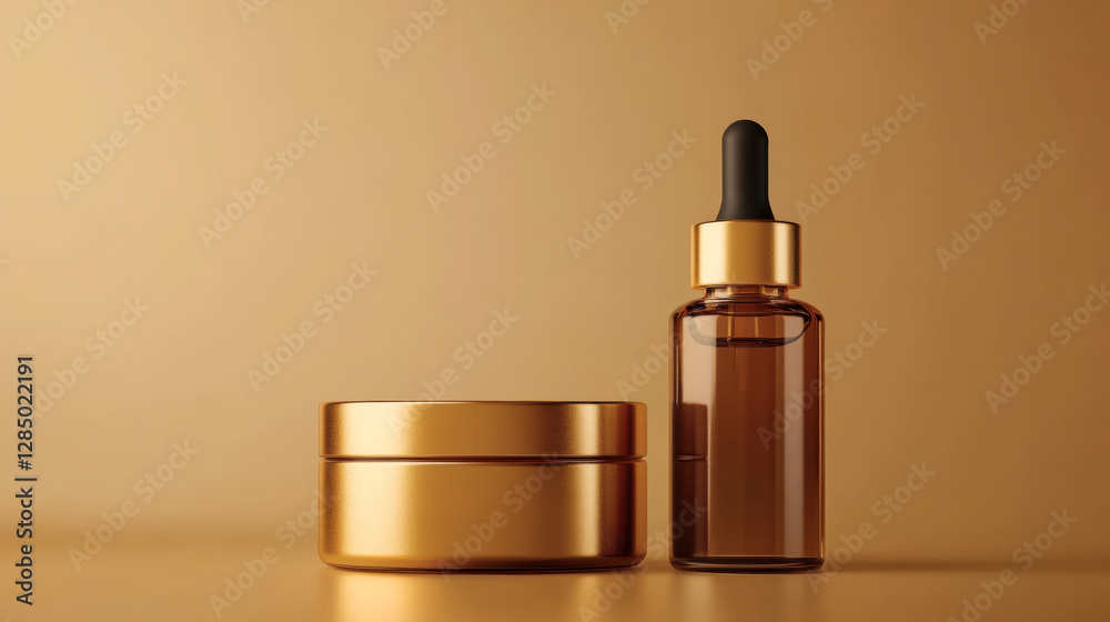 cosmetic bottle and jar mockup, simple background, golden tones, product photography, high resolution, realistic, product details cosmetic bottle and jar mockup, simple background, golden tones, product photography, high resolution, realistic, product details