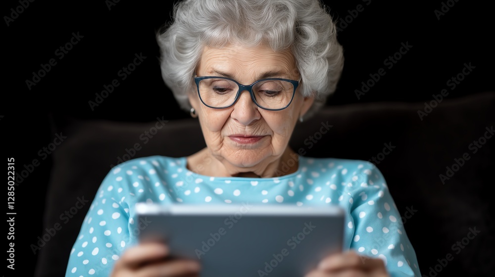 An elderly woman engages with a tablet, showcasing modern technology's impact on daily life An elderly woman engages with a tablet, showcasing modern technology's impact on daily life