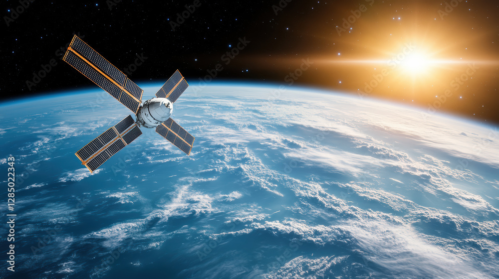 satellite orbits Earth, capturing stunning views of planet and sun satellite orbits Earth, capturing stunning views of planet and sun