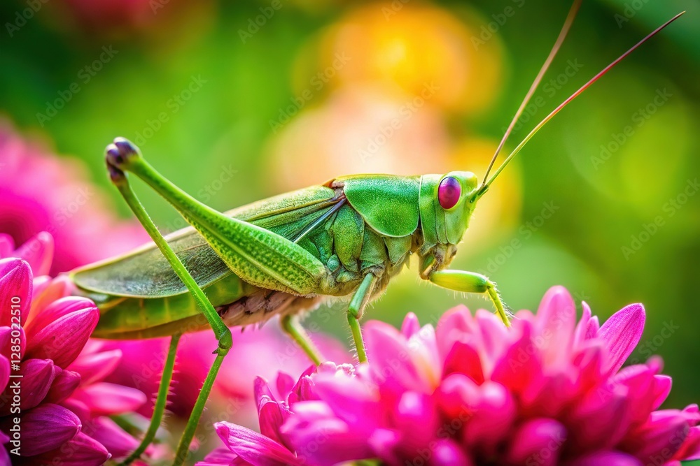 Vibrant Green Grasshopper on Summer Garden Flowers Vibrant Green Grasshopper on Summer Garden Flowers