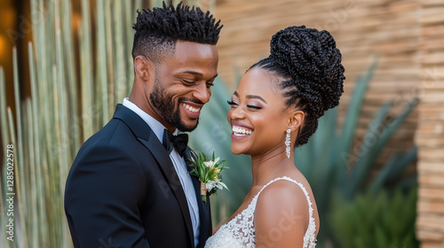 joyful moment of bride and groom laughing together, celebrating love