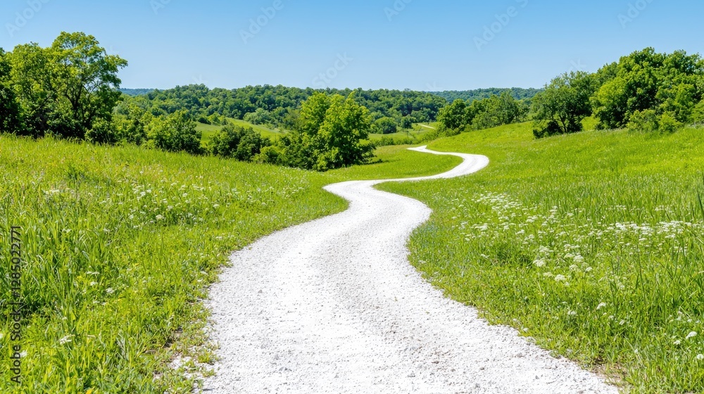 Winding gravel road through green hills, sunny day. Travel photography Winding gravel road through green hills, sunny day. Travel photography