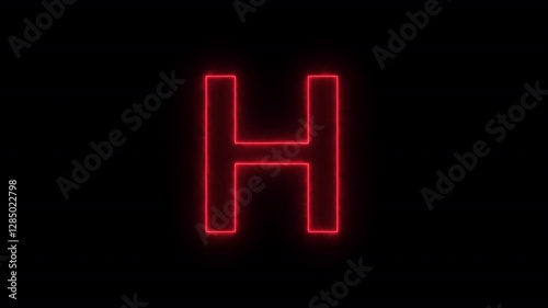 Animated neon letter H, trendy glowing loop neon alphabet letter H, Bright neon glowing light red letter H, Seamless looping animation on black background.