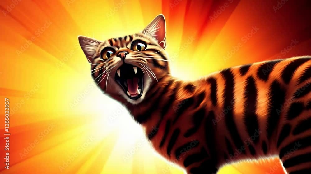 Roaring tiger cat with open mouth against bright orange sunburst background. Dynamic cartoon style pet illustration. Aggressive feline portrait for gaming design