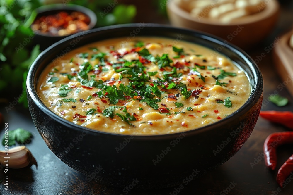 Creamy Beef Tripe Soup with Fresh Vegetables and Herbs in Rustic Bowl Creamy Beef Tripe Soup with Fresh Vegetables and Herbs in Rustic Bowl