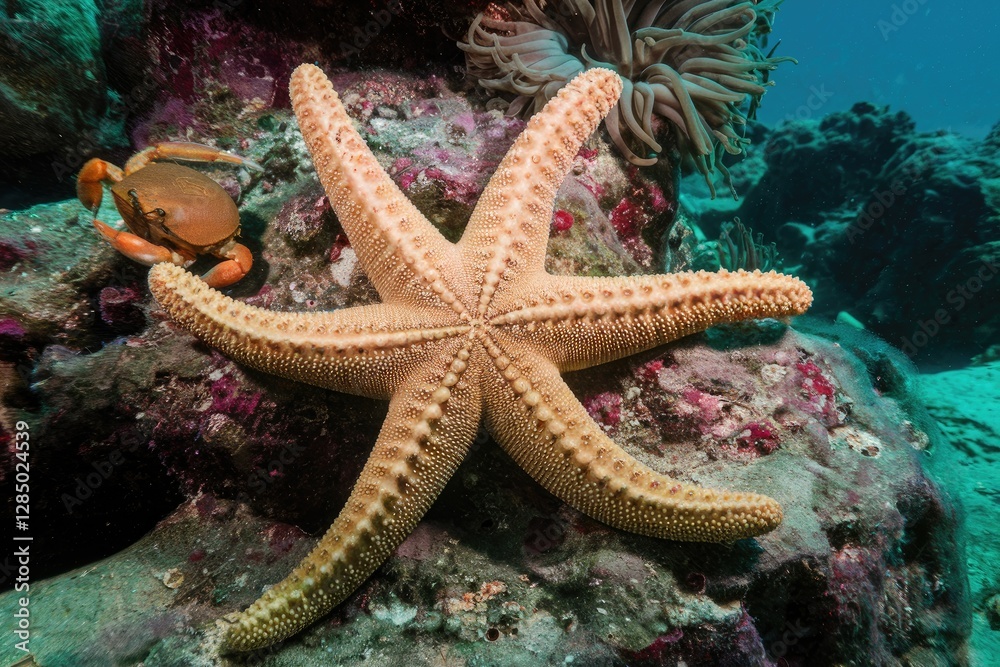 Warm Beige Tones, Marine Life, Underwater Scenery with Anemone and Crab, High Detail Warm Beige Tones, Marine Life, Underwater Scenery with Anemone and Crab, High Detail