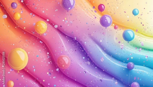 Colorful balloons floating on a rainbow background with falling confetti