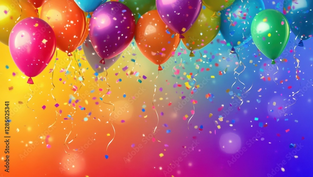 Colorful balloons floating with falling confetti on a vibrant rainbow background Colorful balloons floating with falling confetti on a vibrant rainbow background