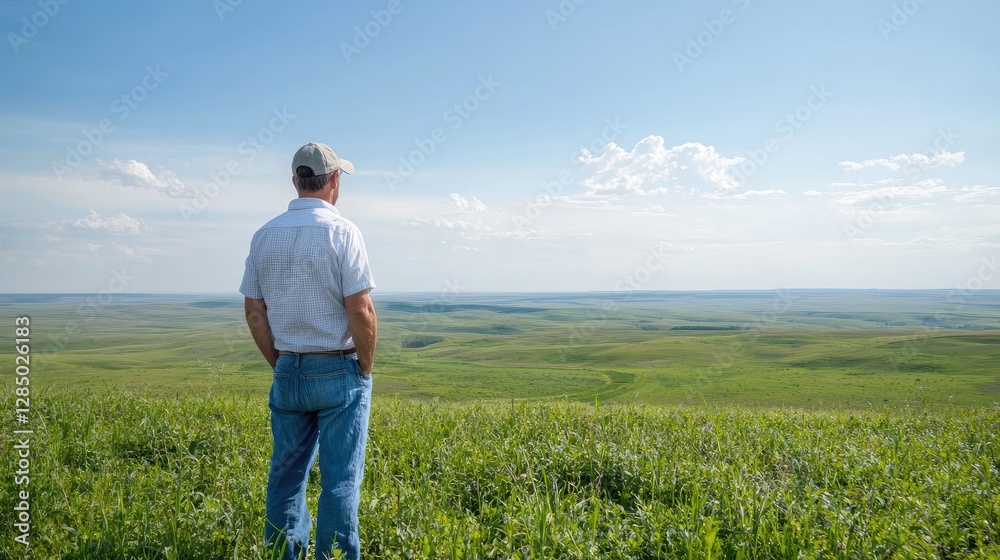 Farmer surveys vast prairie landscape, planning future harvests Farmer surveys vast prairie landscape, planning future harvests