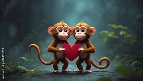 Cartoon depiction of an adorable monkey duo holding a heart-shaped note of affection. Iconic Animal and Nature Theme, Isolated. Cartoonish flat style. photo