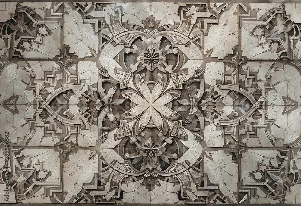 Naklejka premium Intricate Stone Carving Pattern with Floral and Geometric Elements