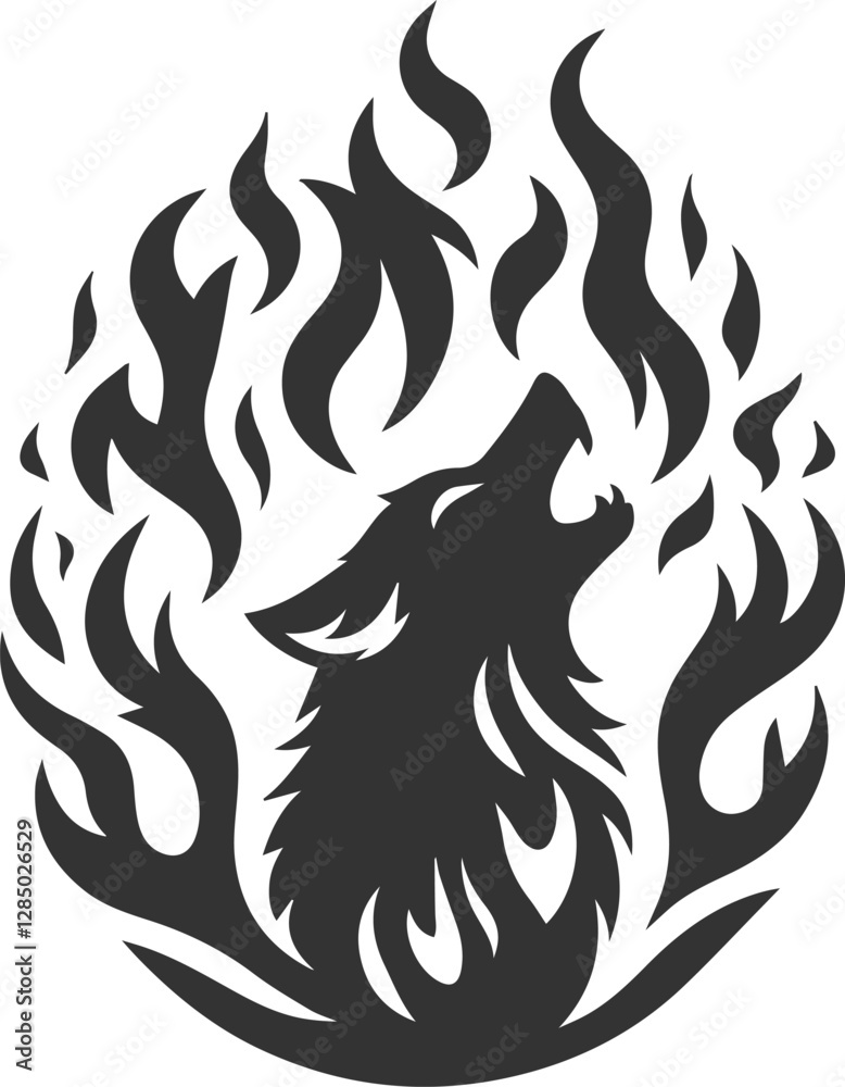 A fire wolf howling with flames surrounding it animal vector silhouette A fire wolf howling with flames surrounding it animal vector silhouette