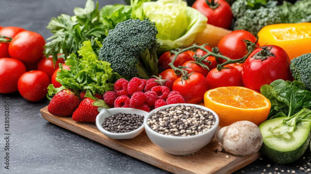 Fresh fruits and vegetables arranged on wooden board, showcasing vibrant colors and textures Fresh fruits and vegetables arranged on wooden board, showcasing vibrant colors and textures