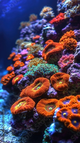 Lush Coral Reef Ecosystem with Vibrant Orange Polyps and Purple Rock Formations Underwater in Natural Light photo