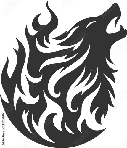 A fire wolf howling with flames surrounding it animal vector silhouette