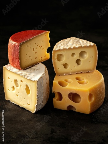 Gourmet cheese with holes on black background