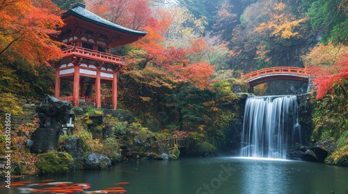 Serene Autumn Waterfall in Japan: A Temple Amidst Vibrant Maple Leaves photo