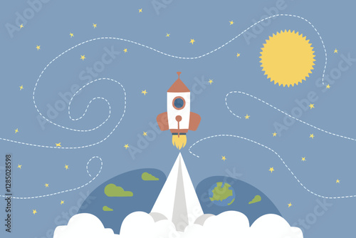 2d vector illustration technology , ai robot helping children at study pc and tablet , children background land escape 
