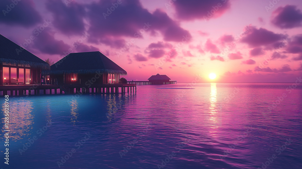 Stunning colorful sunset casting golden hues over the tranquil ocean in the Maldives Stunning colorful sunset casting golden hues over the tranquil ocean in the Maldives