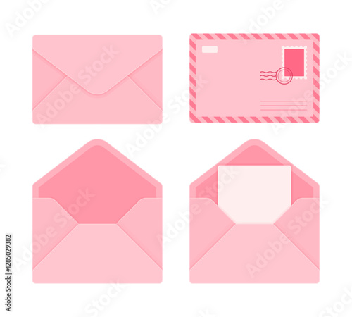 Set of light pink envelopes in different styles, including closed, open, and with a letter. Mail, correspondence, and stationery concept. Flat vector illustration isolated on white background	
