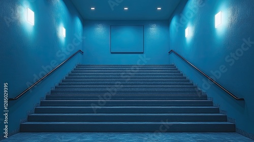A Stairway With Handrails Ascending to a Illuminated Frame