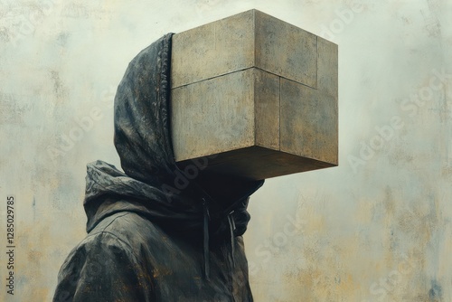 Surreal Portrait of a Faceless Man with a Cardboard Box Head in Abstract Minimalist Style