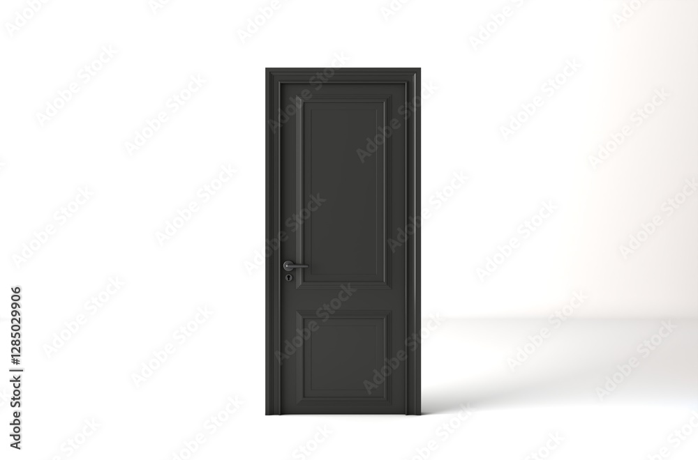 Closed black classic door isolated on bright white background. Minimal room interior concept. Modern design, abstract metaphor, Closed black classic door isolated on bright white background. Minimal room interior concept. Modern design, abstract metaphor,