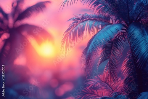 Tropical Neon Palm Leaves Vibrant Retro 80s Synthwave Scene with Pink Turquoise Gradient Light