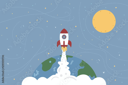 2d vector illustration technology , ai robot helping children at study pc and tablet , children background land escape 
